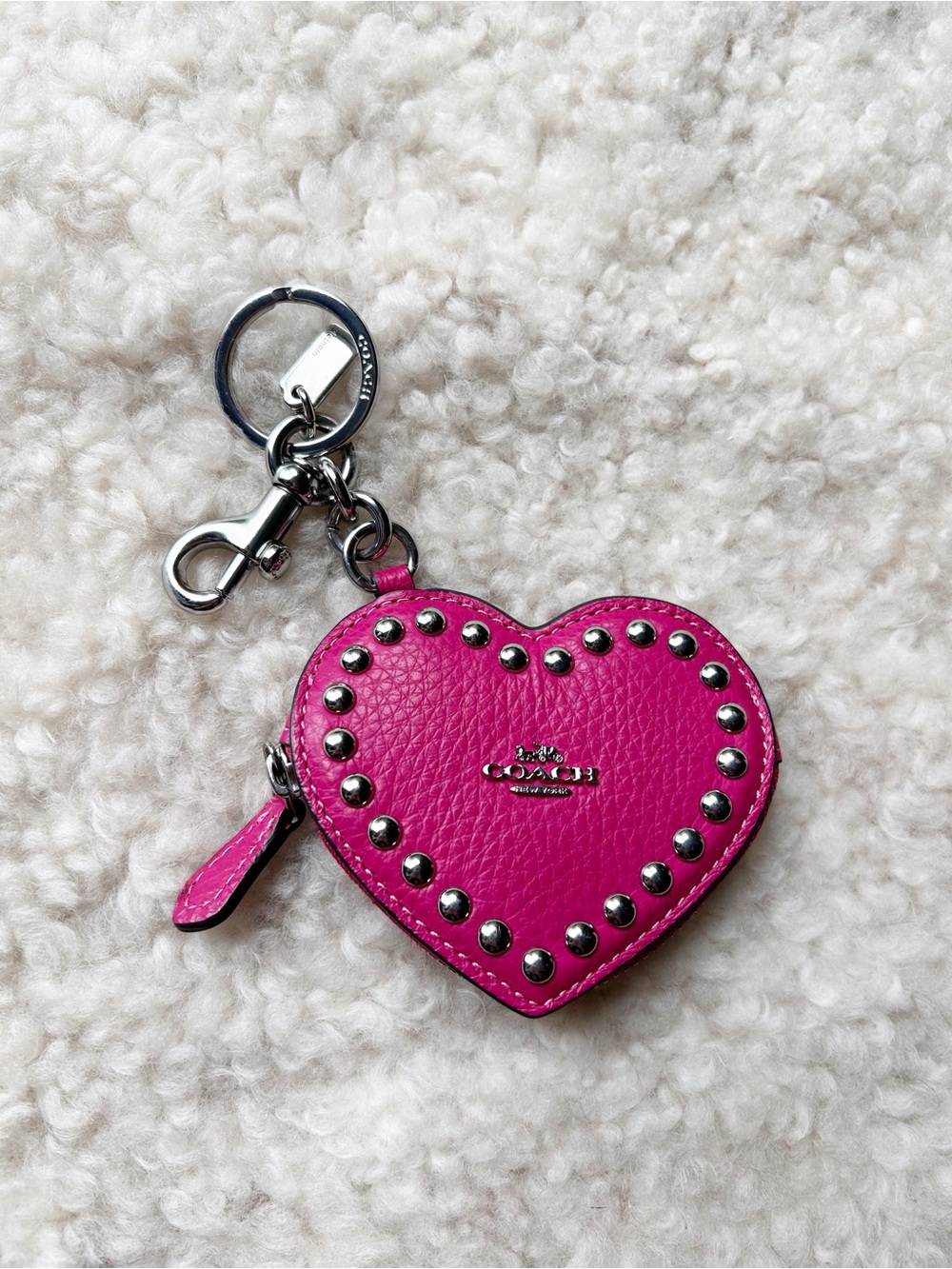 COACH Pink Pebbled Leather Coin Purse Charm Studded Keychain